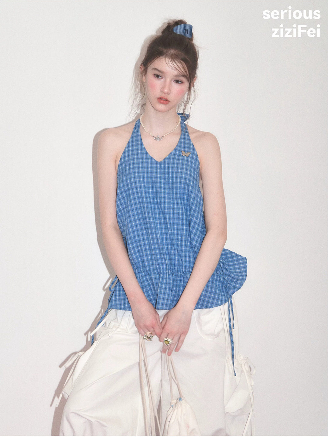 Blue Plaid Drawstring-Waist Halter Top