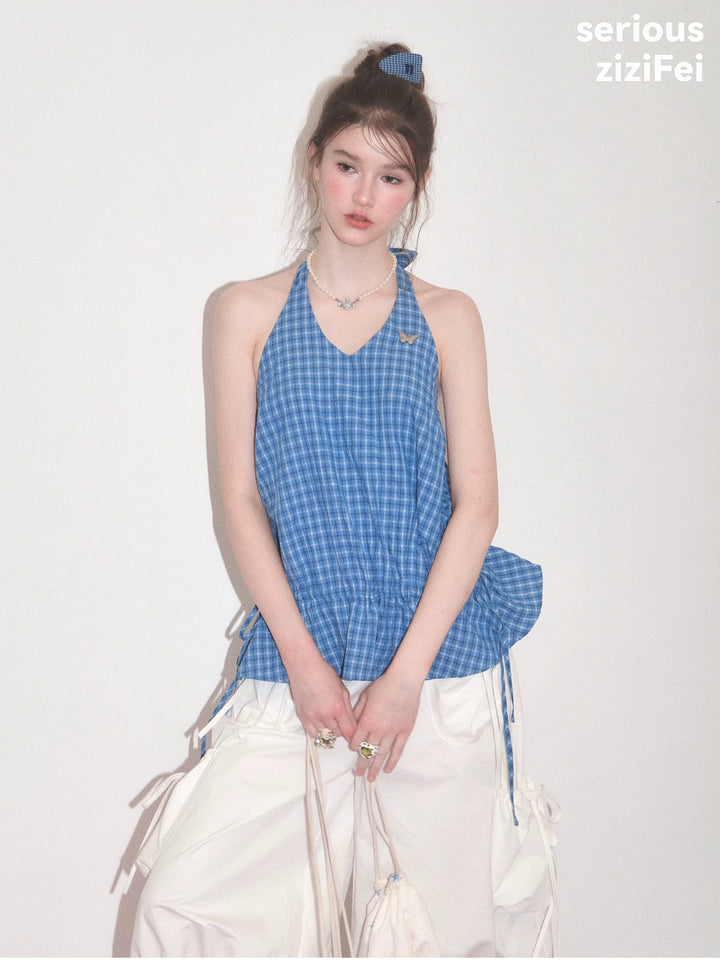 Blue Plaid Drawstring-Waist Halter Top