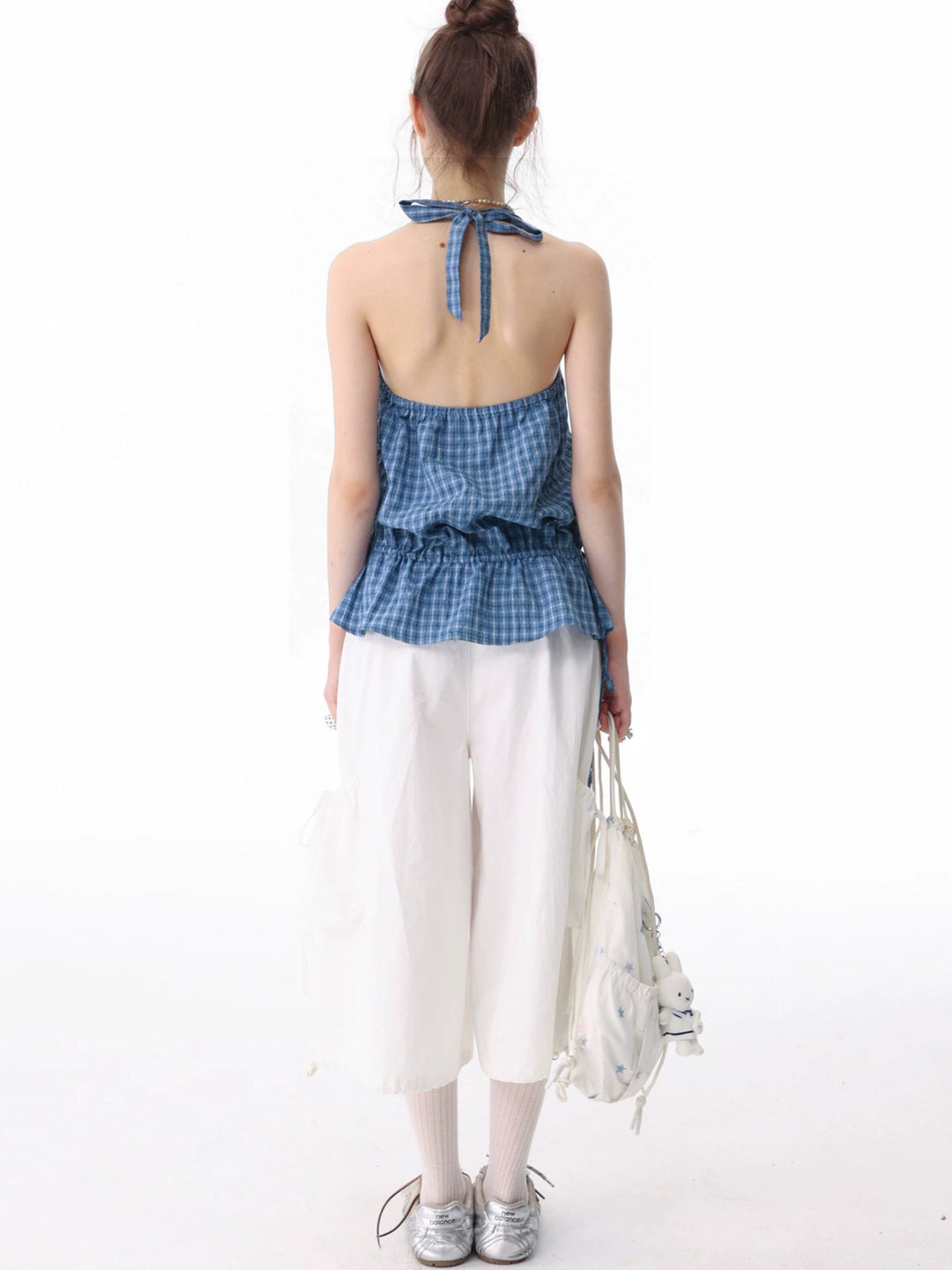 Blue Plaid Drawstring-Waist Halter Top