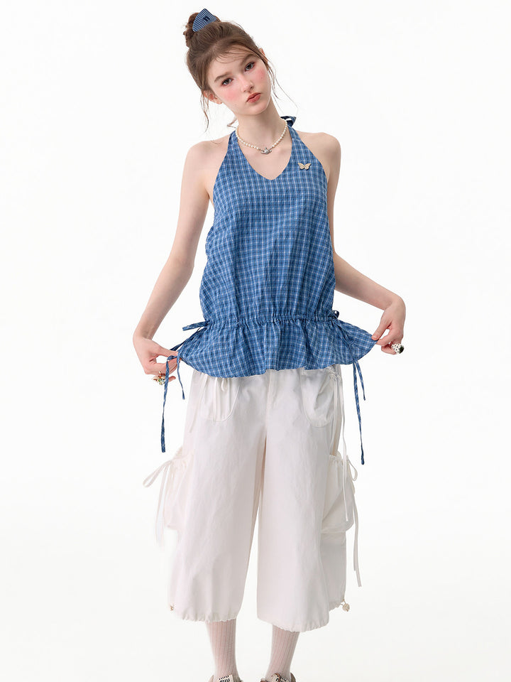 Blue Plaid Drawstring-Waist Halter Top