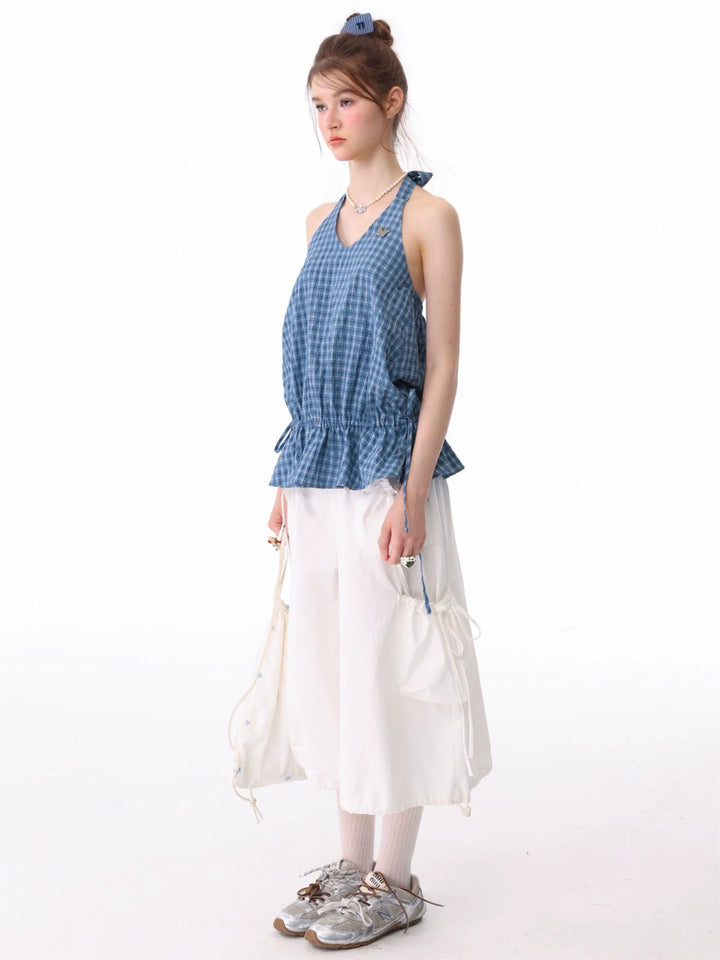 Blue Plaid Drawstring-Waist Halter Top