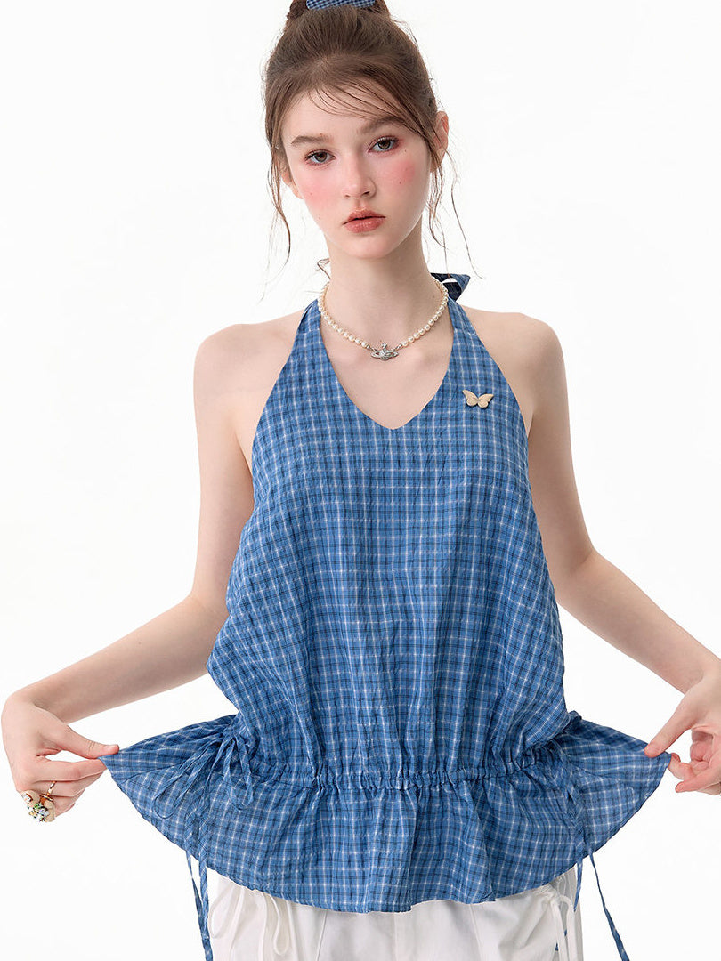 Blue Plaid Drawstring-Waist Halter Top