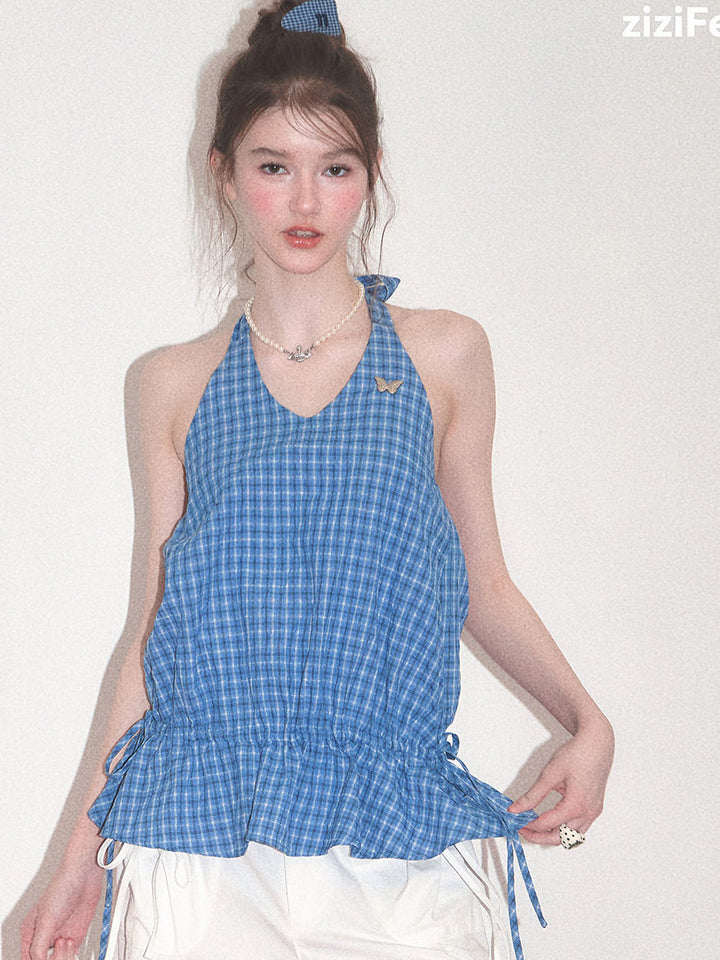 Blue Plaid Drawstring-Waist Halter Top