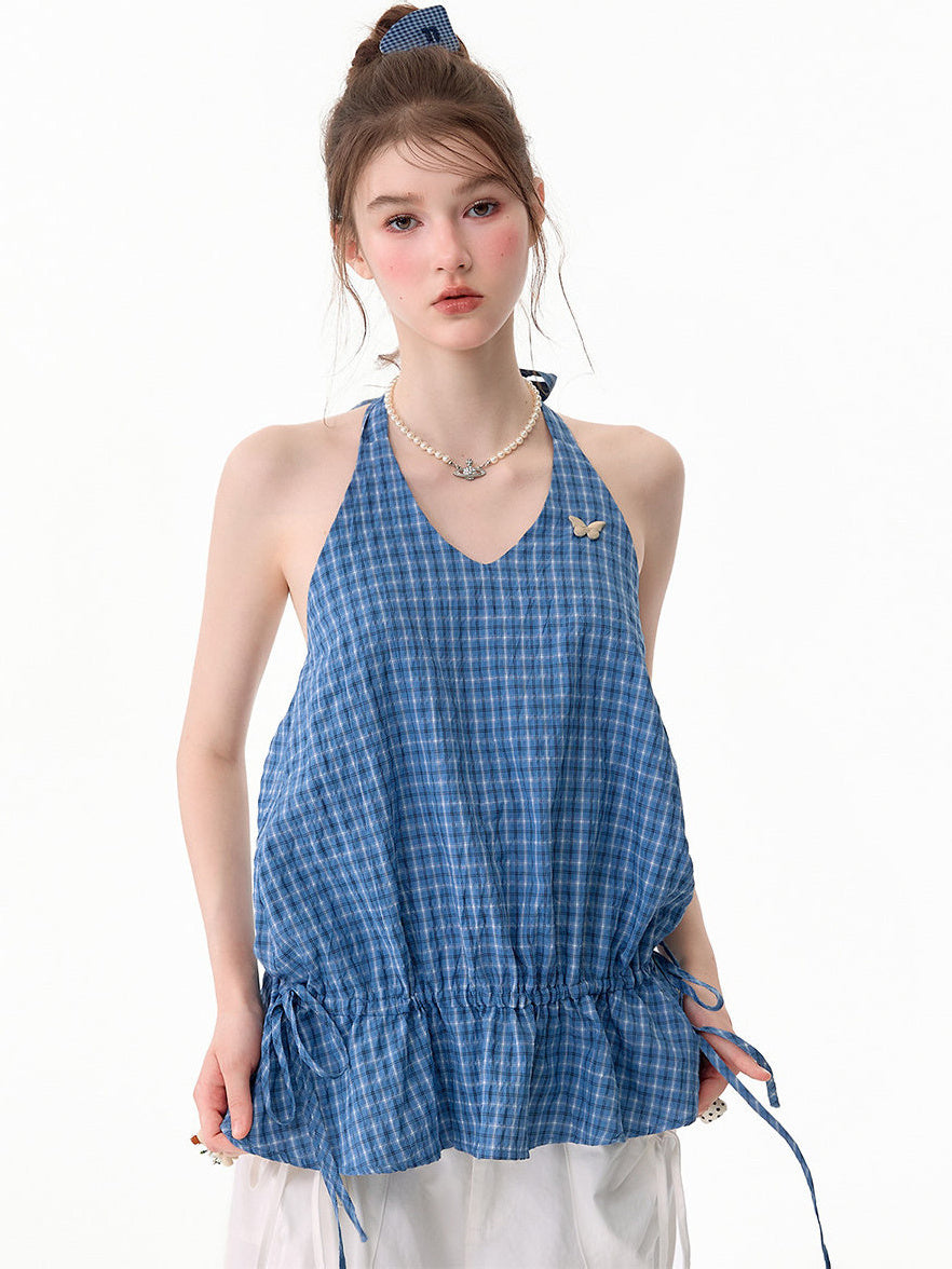 Blue Plaid Drawstring-Waist Halter Top