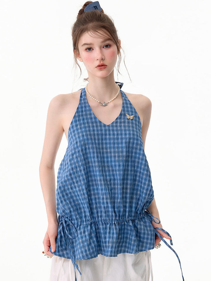 Blue Plaid Drawstring-Waist Halter Top