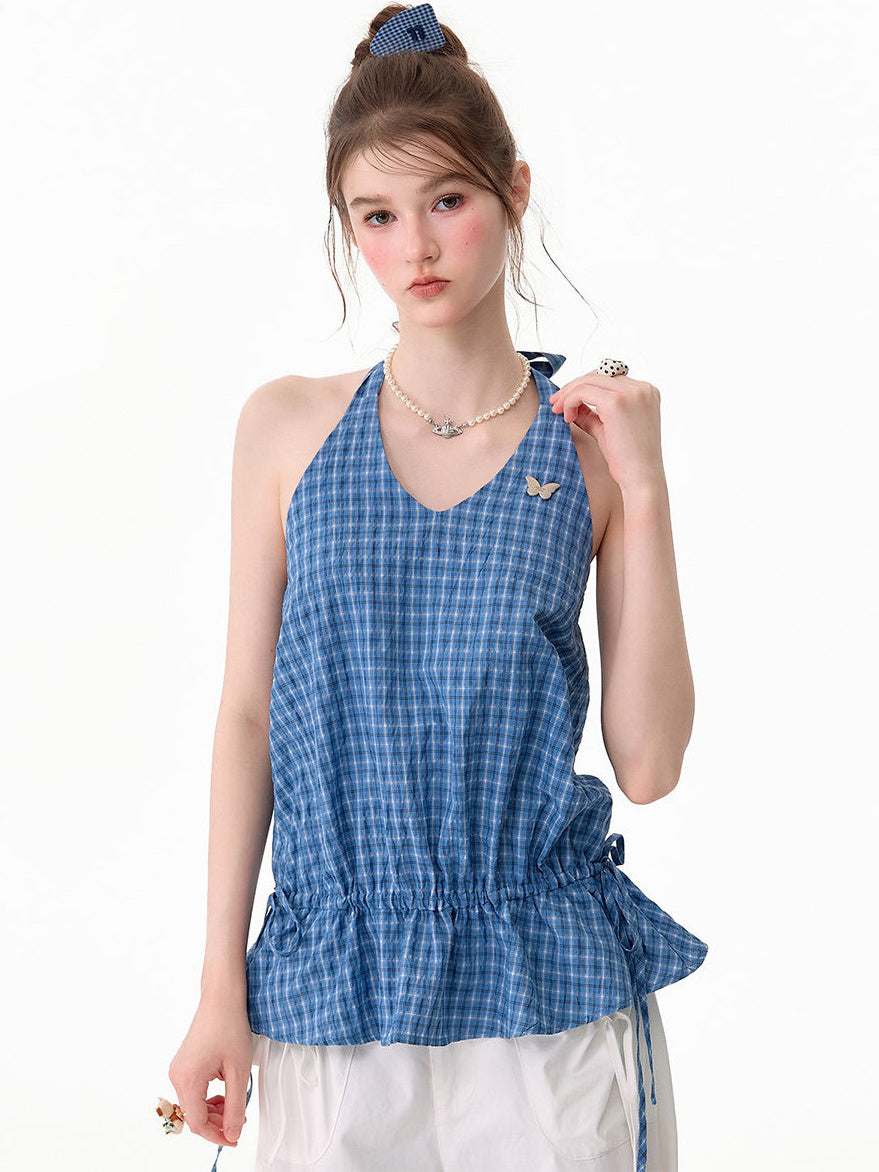 Blue Plaid Drawstring-Waist Halter Top