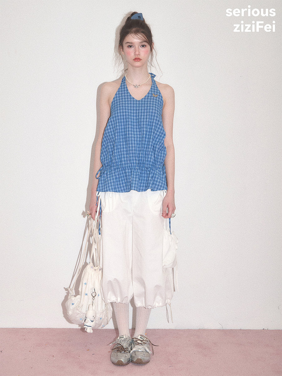 Blue Plaid Drawstring-Waist Halter Top
