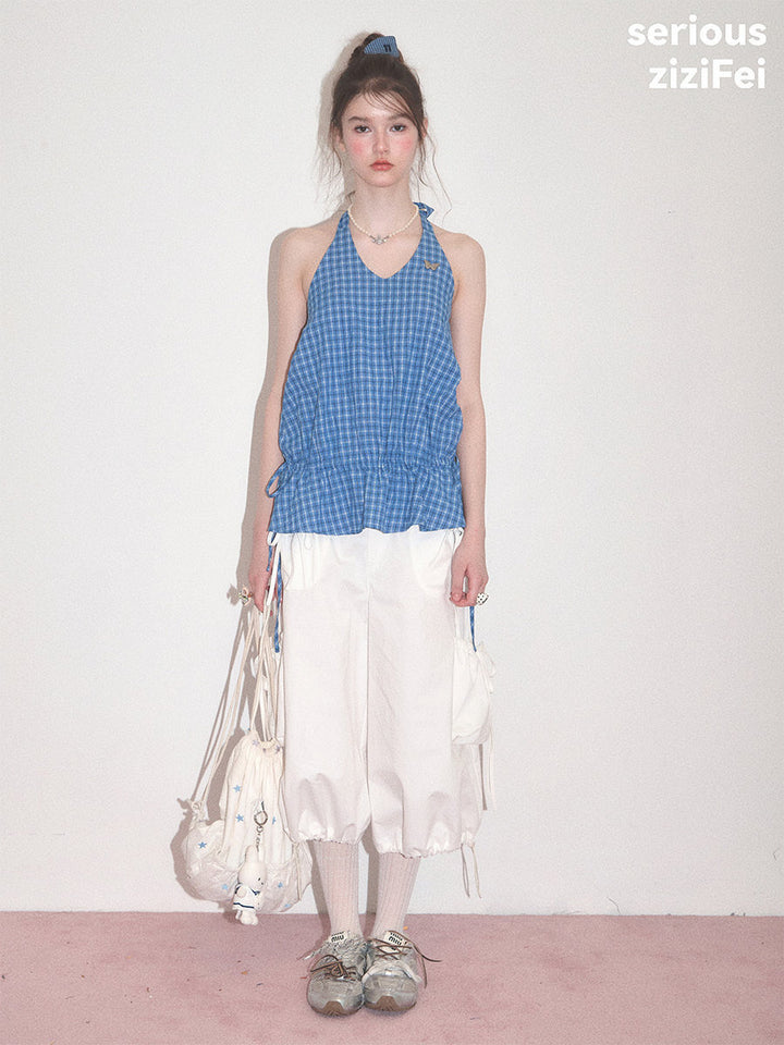 Blue Plaid Drawstring-Waist Halter Top