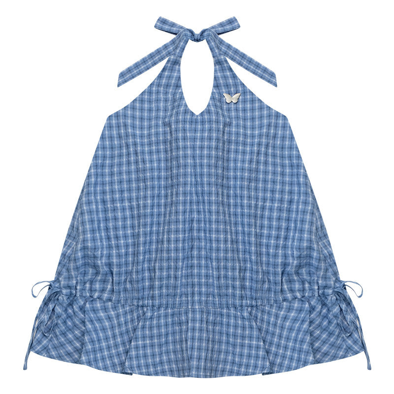 Blue Plaid Drawstring-Waist Halter Top