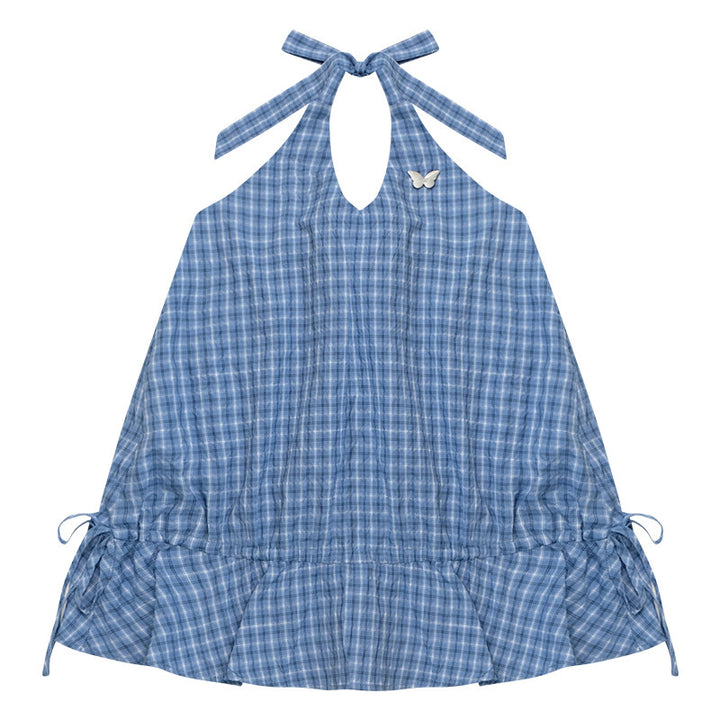 Blue Plaid Drawstring-Waist Halter Top