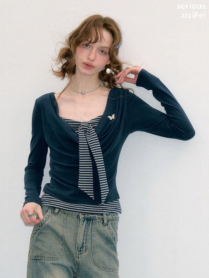 Striped Tie Faux Two-Piece Top