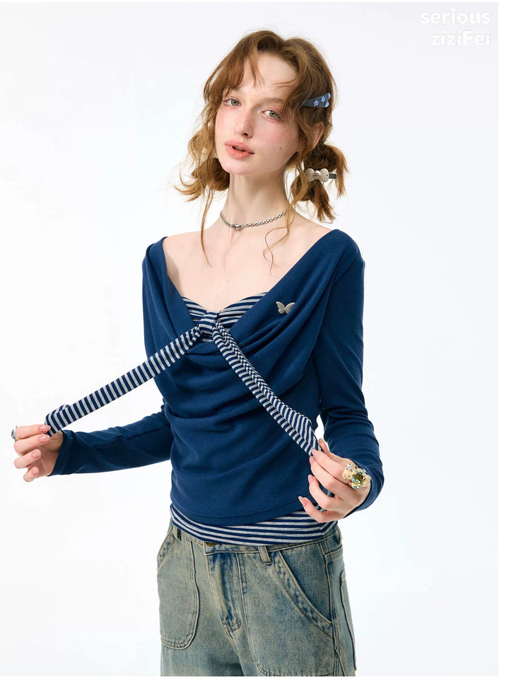 Striped Tie Faux Two-Piece Top