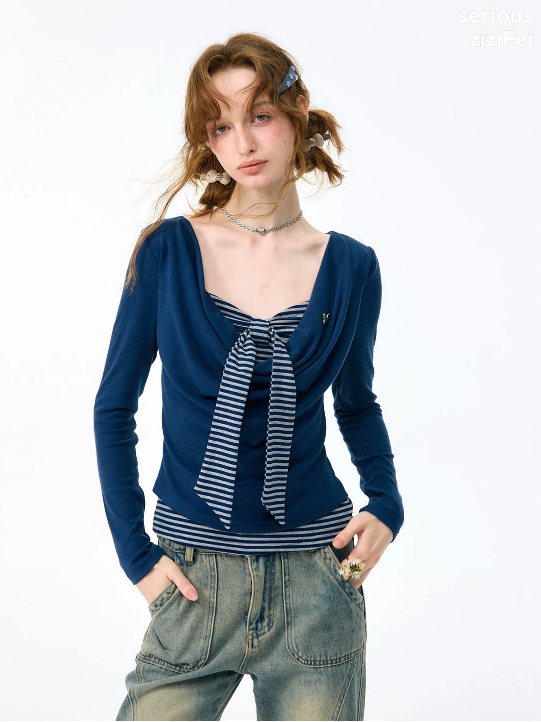 Striped Tie Faux Two-Piece Top