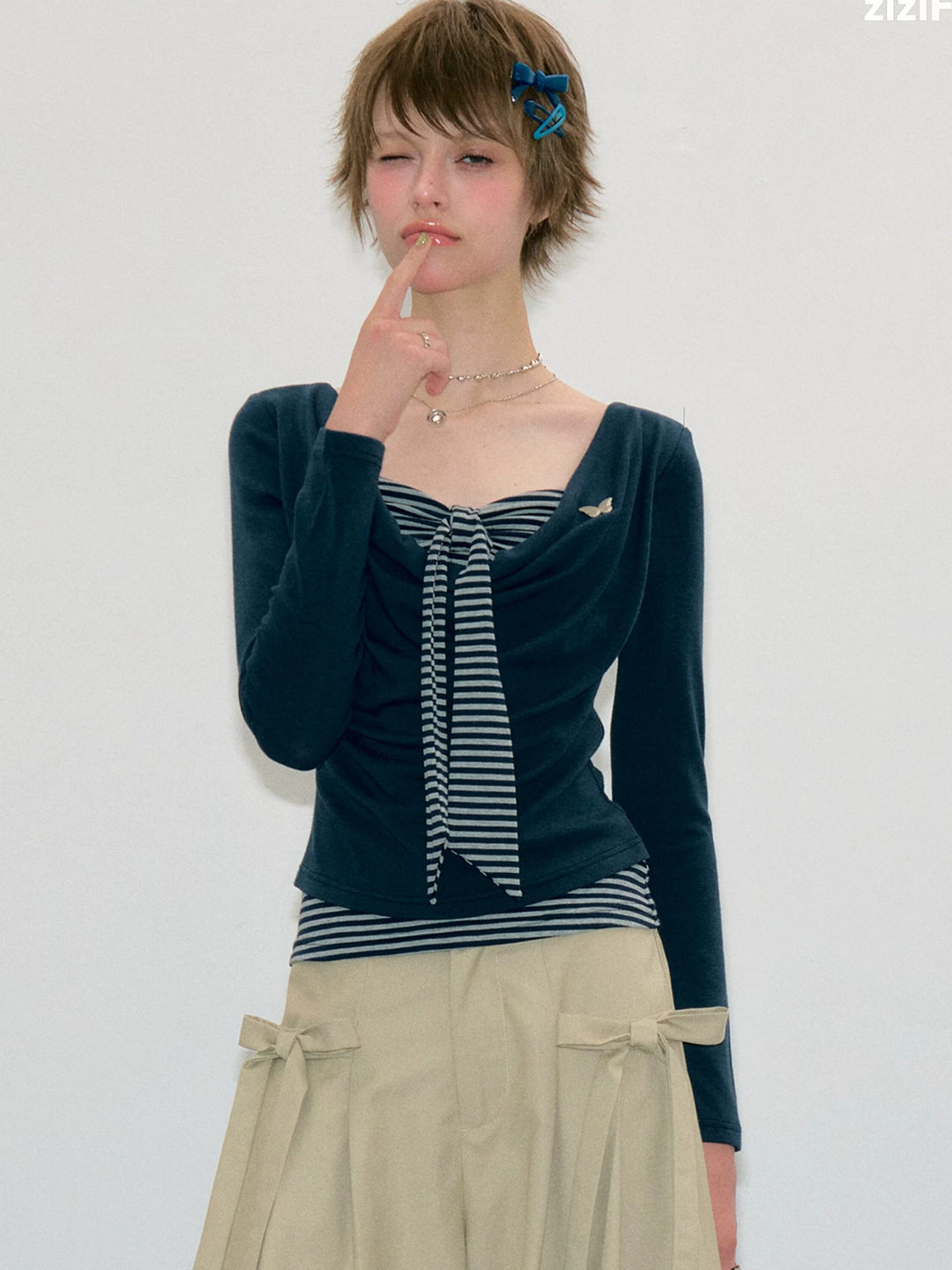 Striped Tie Faux Two-Piece Top