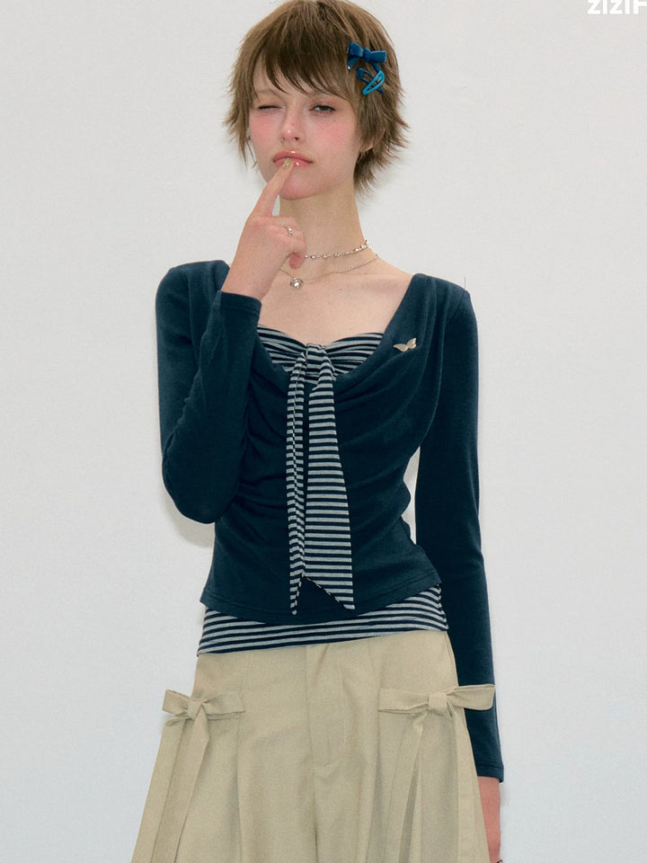Striped Tie Faux Two-Piece Top