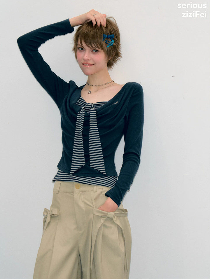 Striped Tie Faux Two-Piece Top