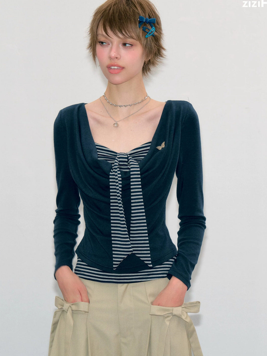 Striped Tie Faux Two-Piece Top