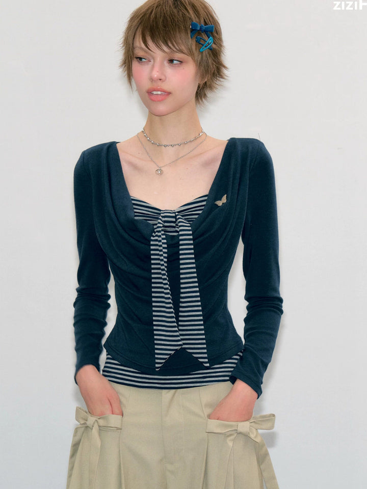 Striped Tie Faux Two-Piece Top