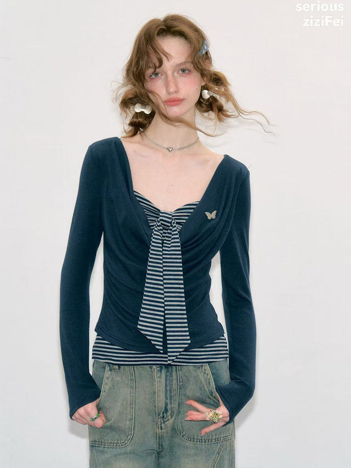 Striped Tie Faux Two-Piece Top
