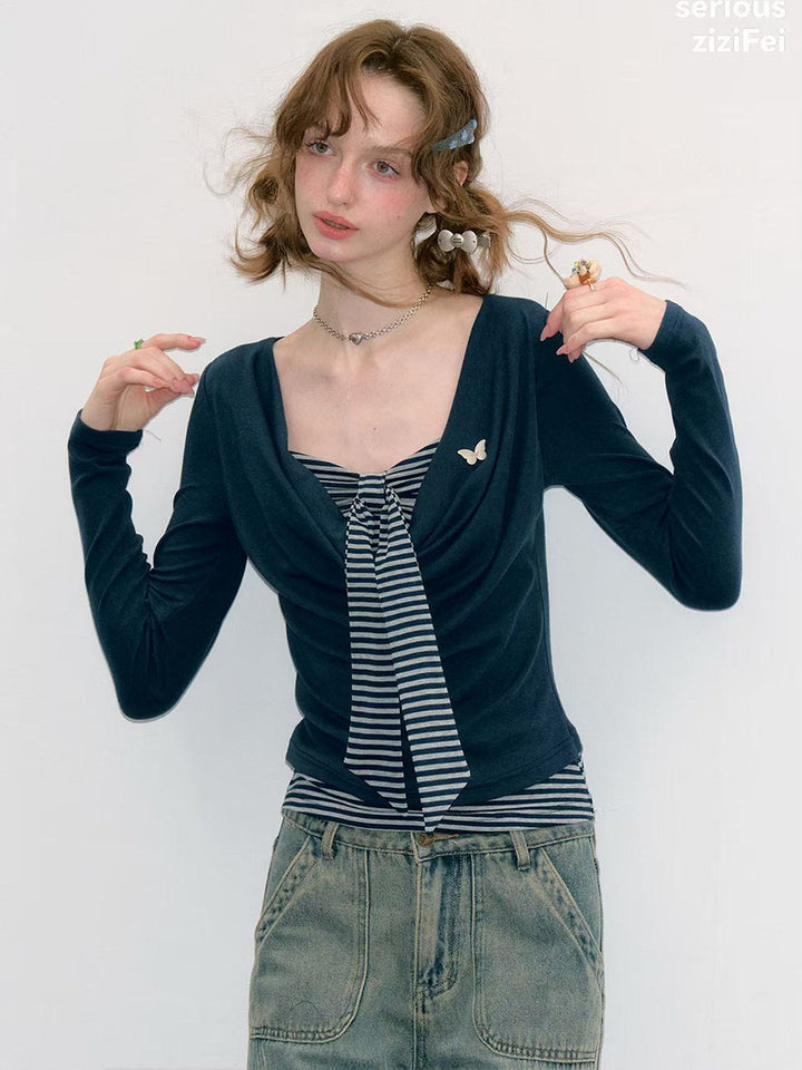 Striped Tie Faux Two-Piece Top