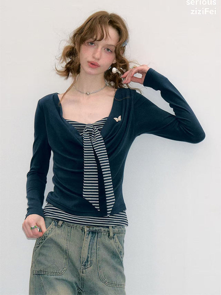 Striped Tie Faux Two-Piece Top