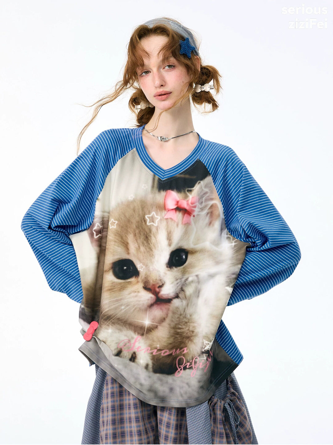 Striped Cat Graphic Raglan Tee