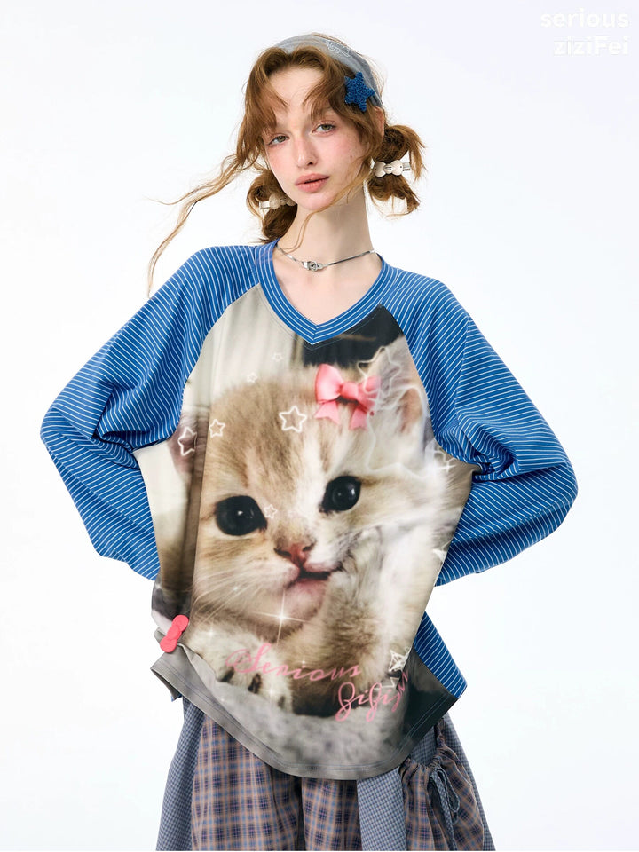 Striped Cat Graphic Raglan Tee