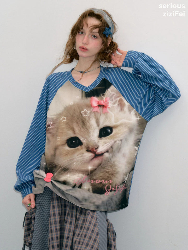 Striped Cat Graphic Raglan Tee
