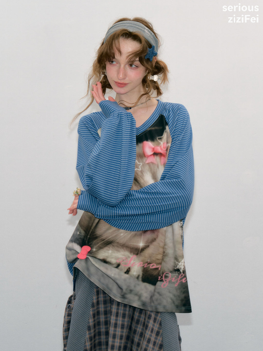 Striped Cat Graphic Raglan Tee