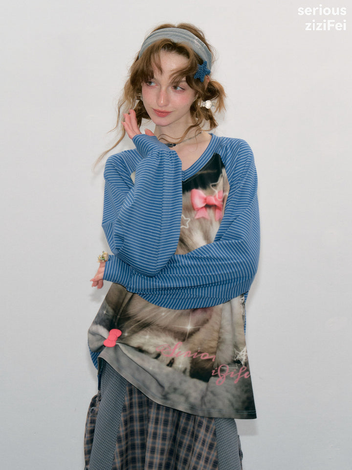 Striped Cat Graphic Raglan Tee