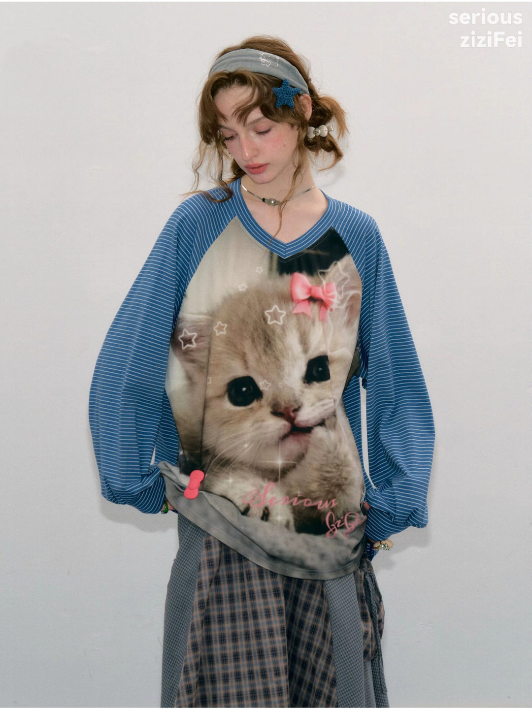 Striped Cat Graphic Raglan Tee