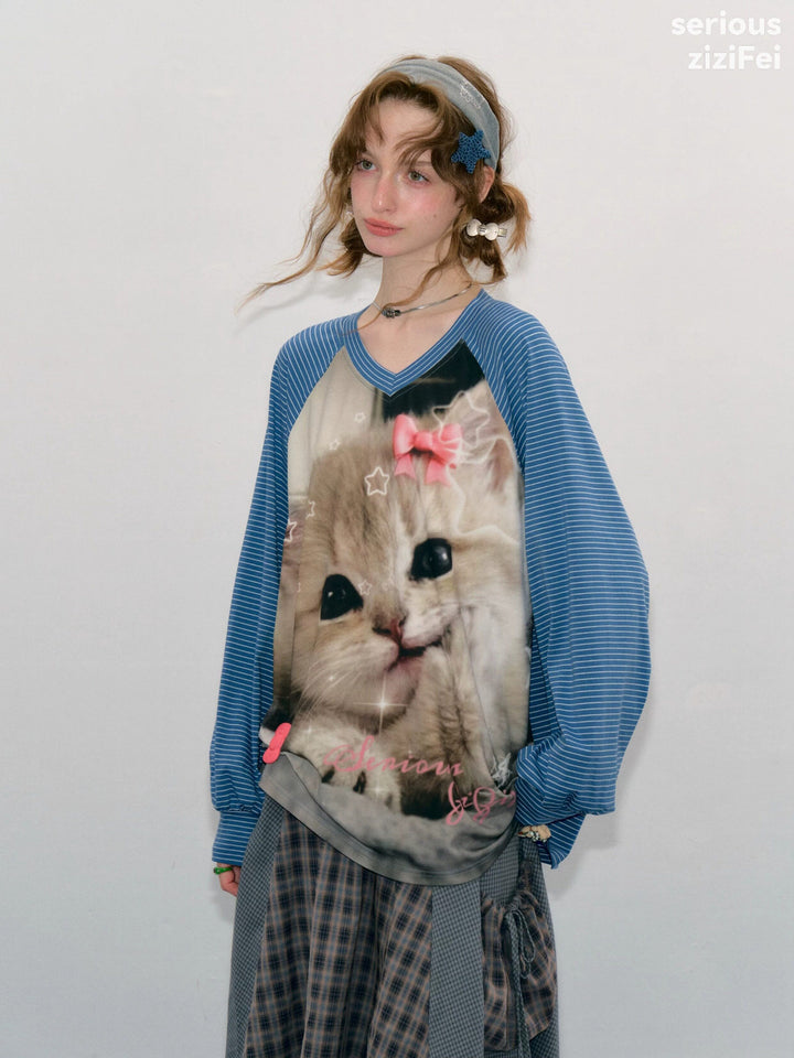 Striped Cat Graphic Raglan Tee