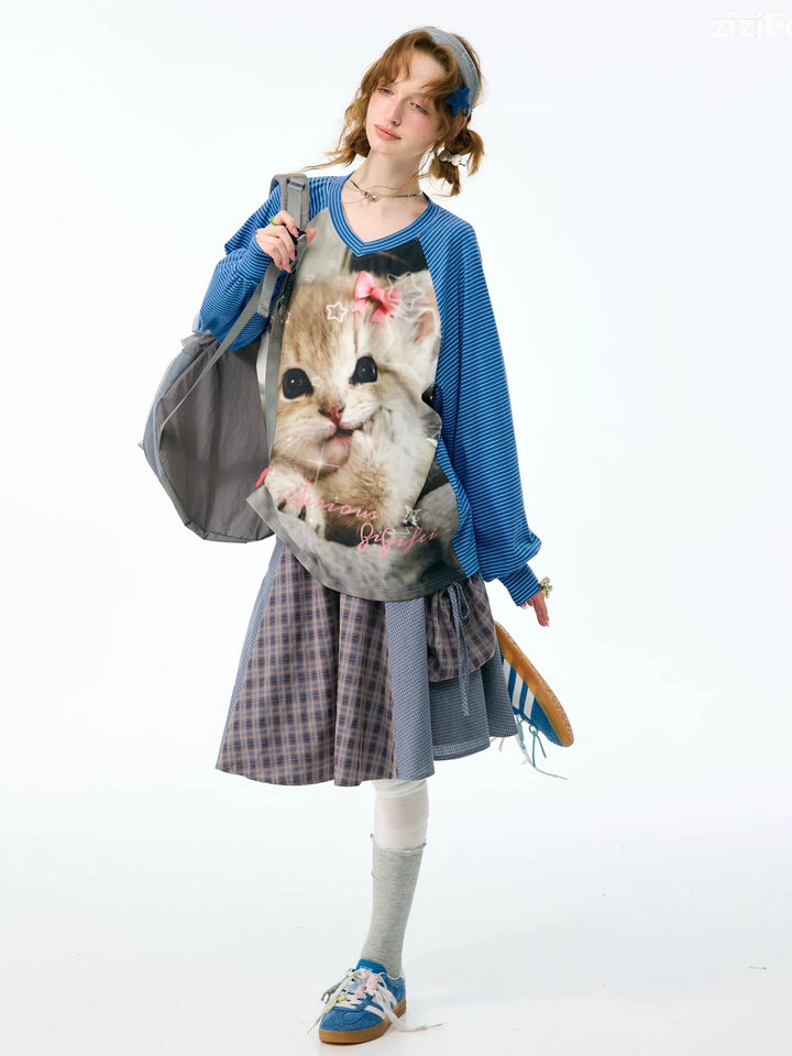 Striped Cat Graphic Raglan Tee