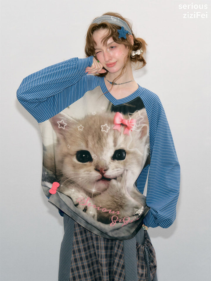 Striped Cat Graphic Raglan Tee