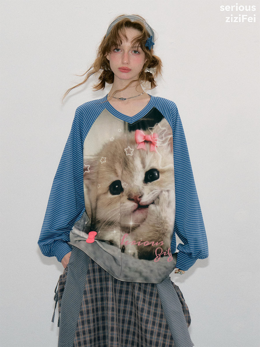 Striped Cat Graphic Raglan Tee