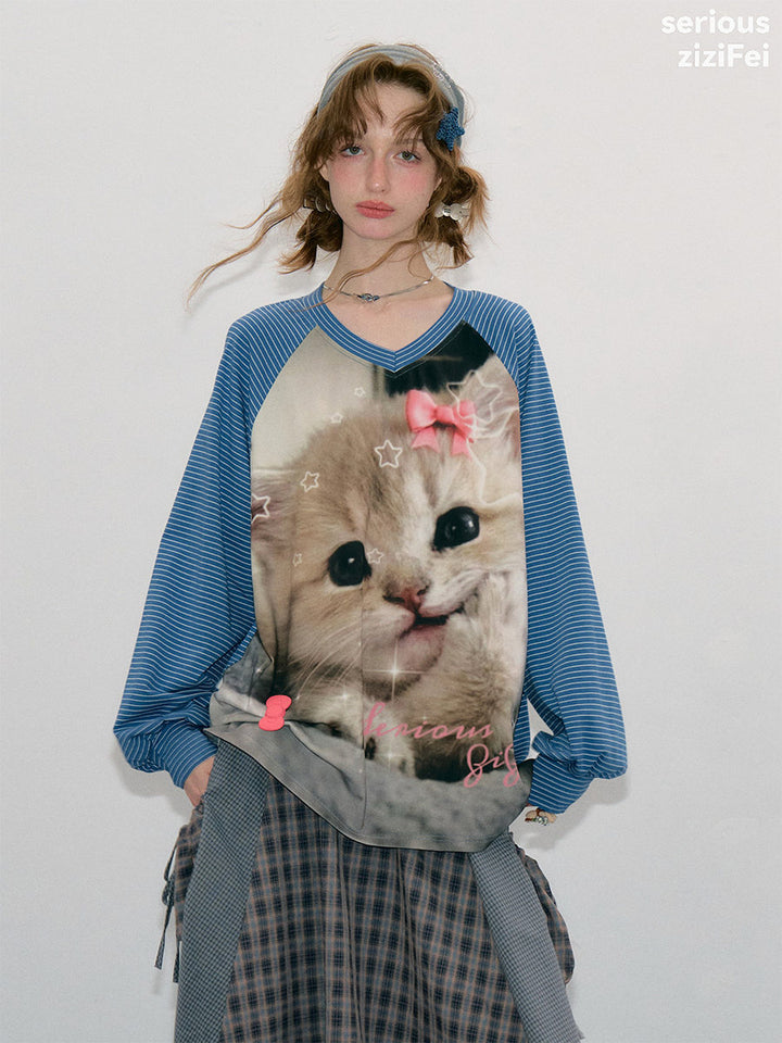 Striped Cat Graphic Raglan Tee