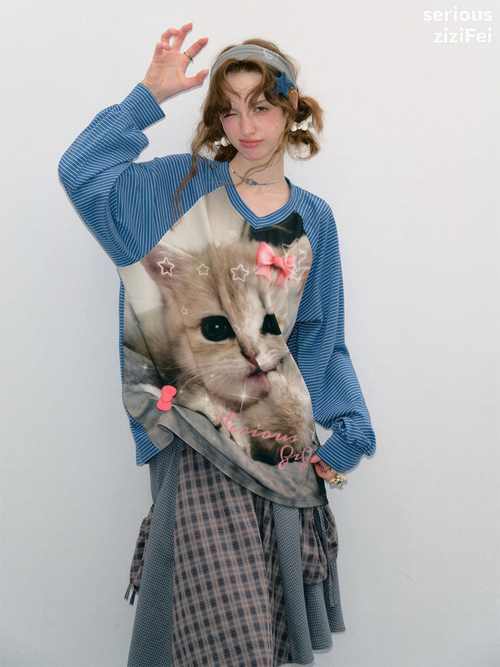Striped Cat Graphic Raglan Tee