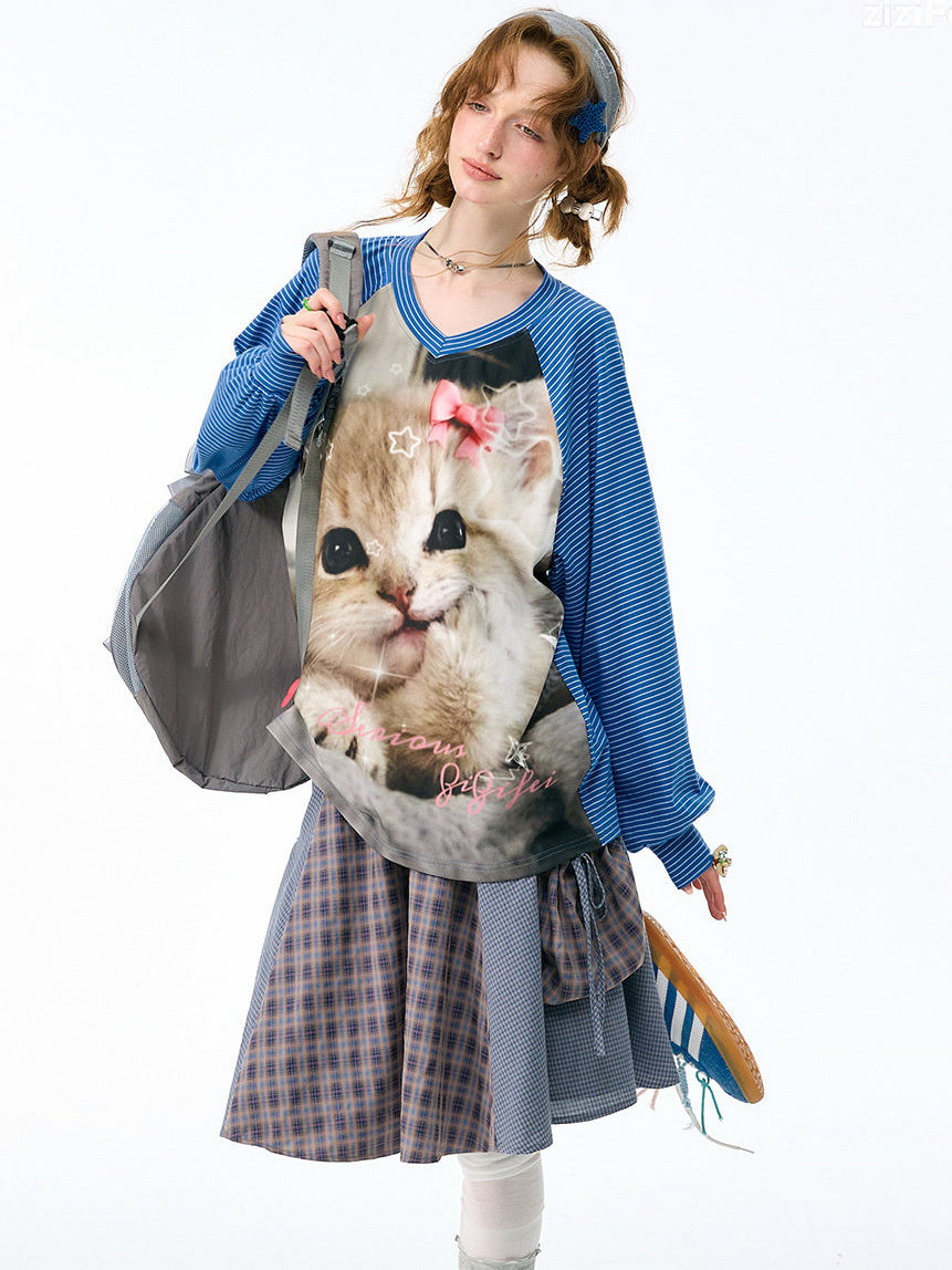 Striped Cat Graphic Raglan Tee