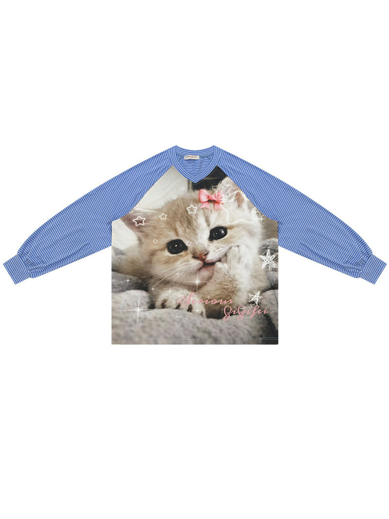 Striped Cat Graphic Raglan Tee
