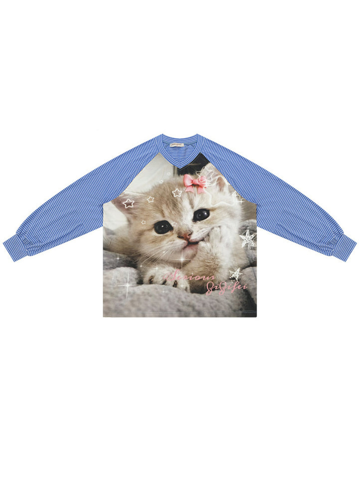 Striped Cat Graphic Raglan Tee