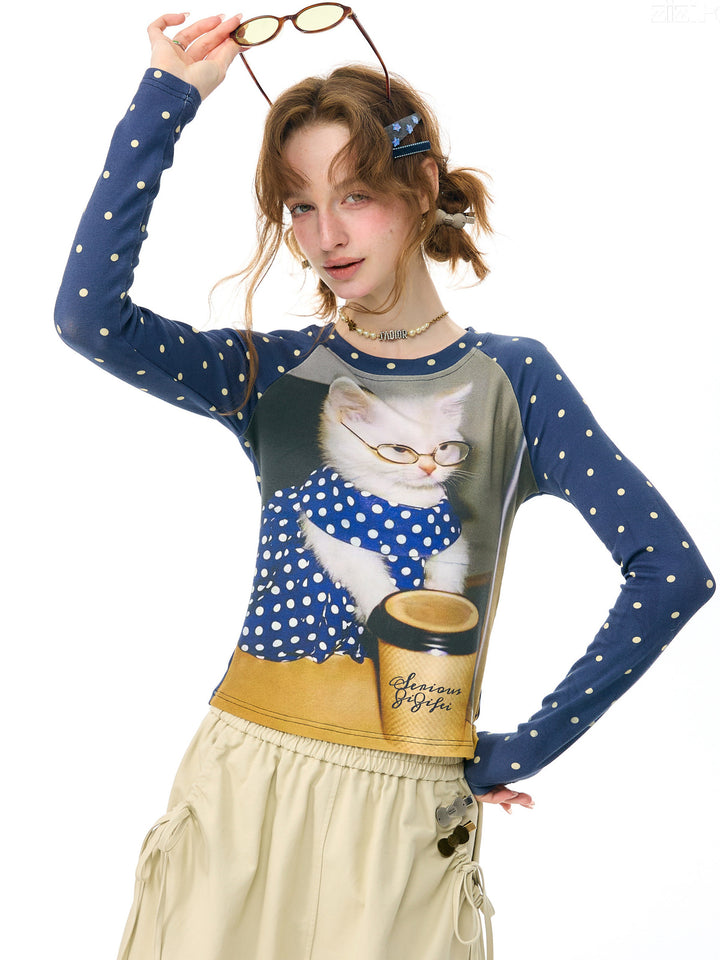 Polka Dot Cat Graphic Raglan Tee