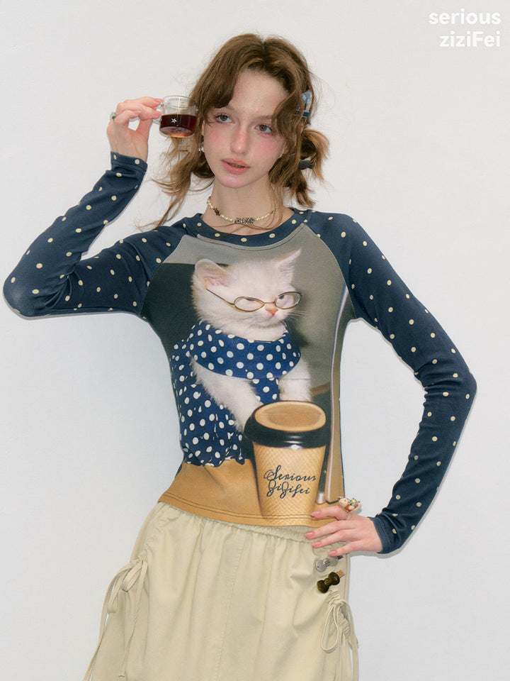Polka Dot Cat Graphic Raglan Tee
