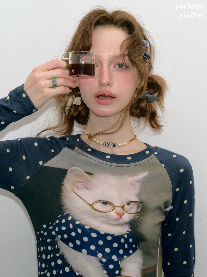 Polka Dot Cat Graphic Raglan Tee