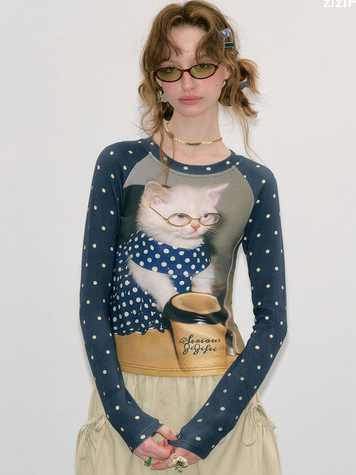 Polka Dot Cat Graphic Raglan Tee