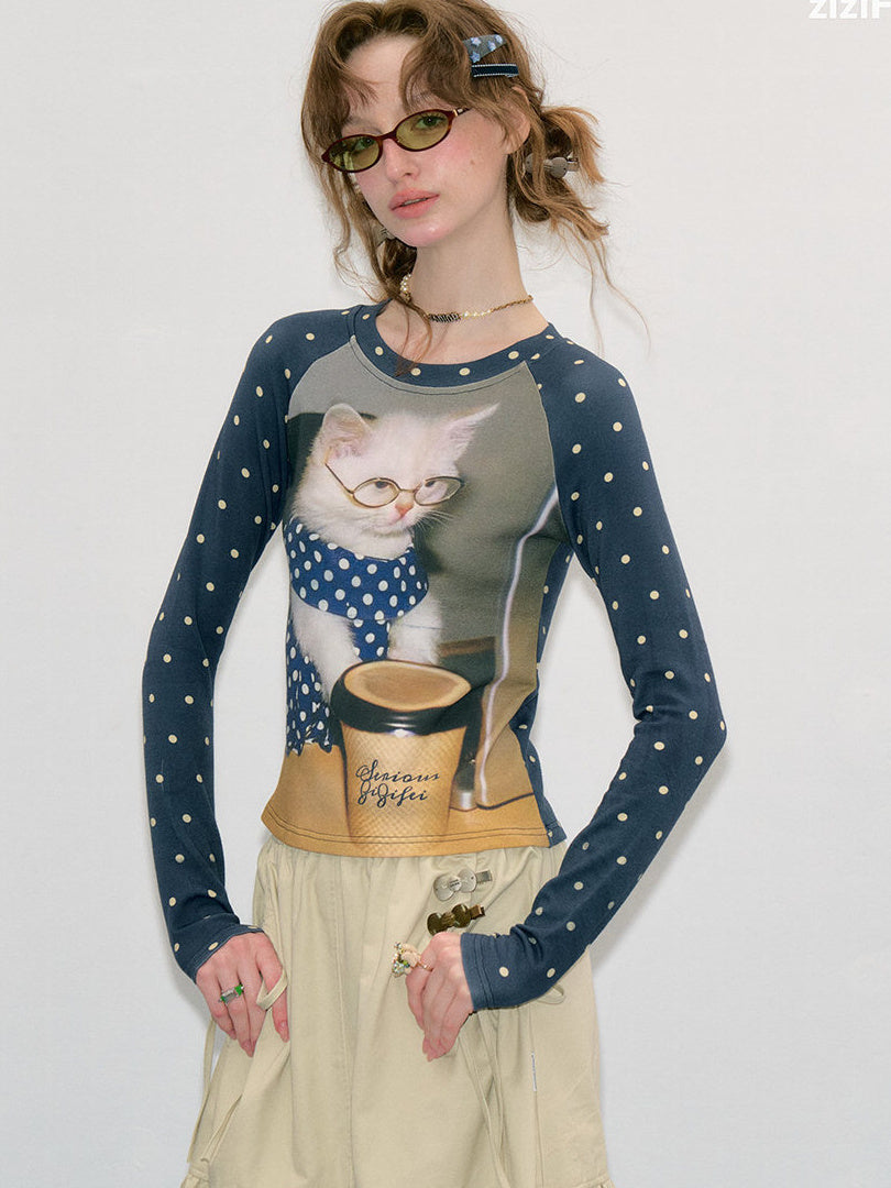 Polka Dot Cat Graphic Raglan Tee