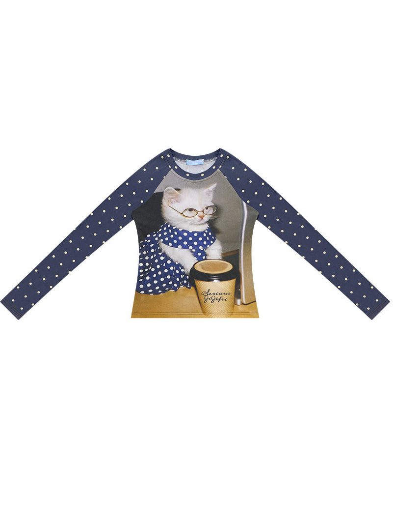 Polka Dot Cat Graphic Raglan Tee