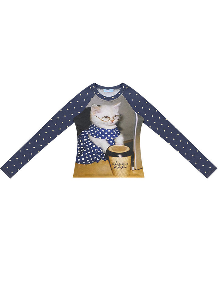 Polka Dot Cat Graphic Raglan Tee