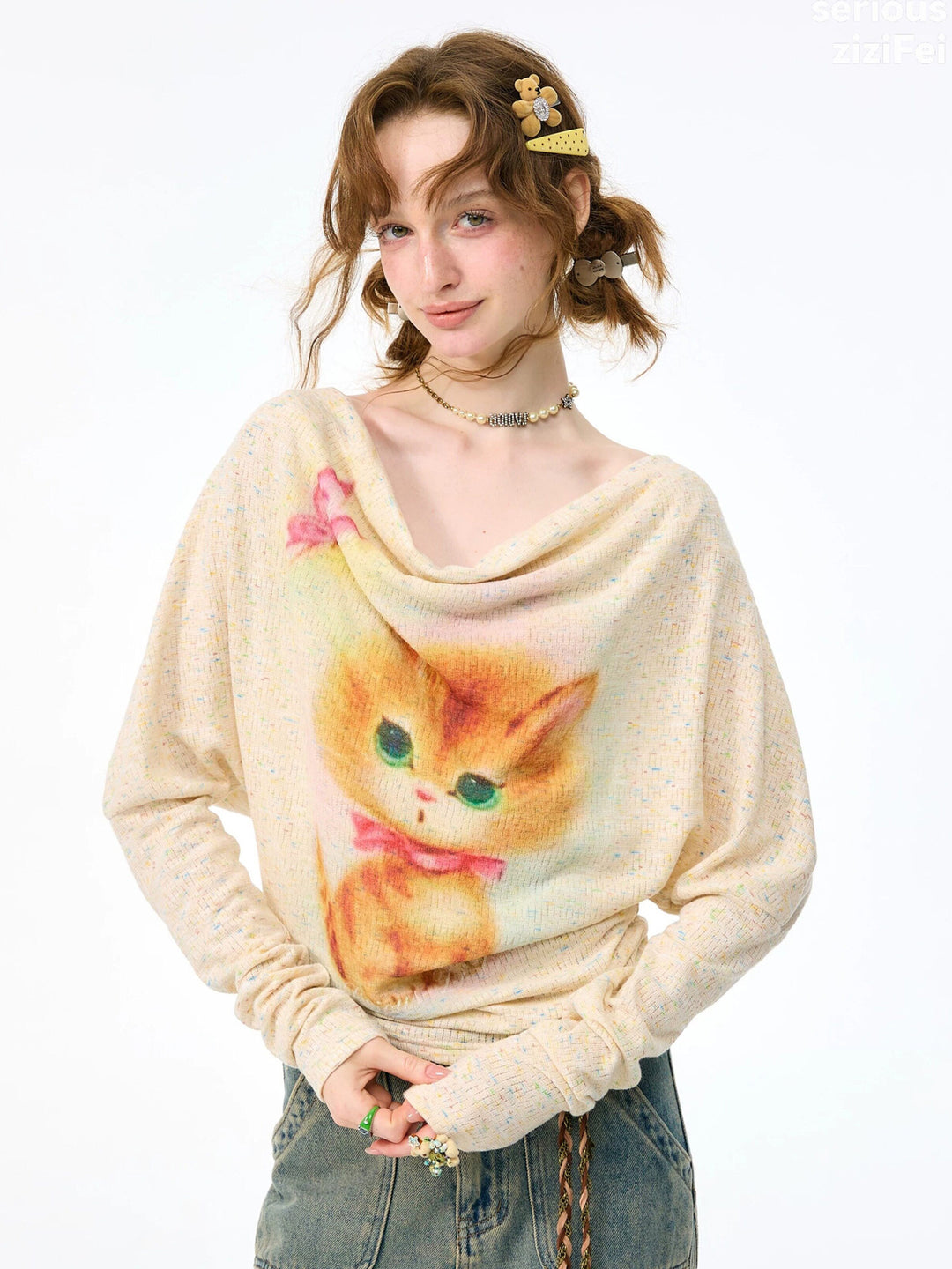 Cat Graphic Cowl Neck Knit Top