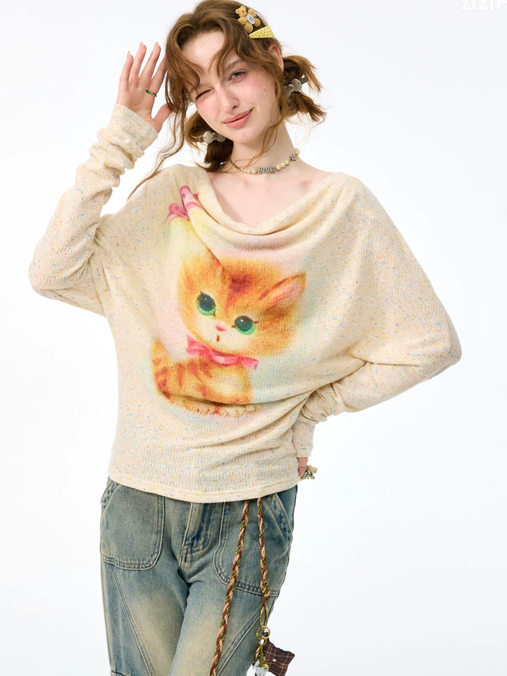 Cat Graphic Cowl Neck Knit Top