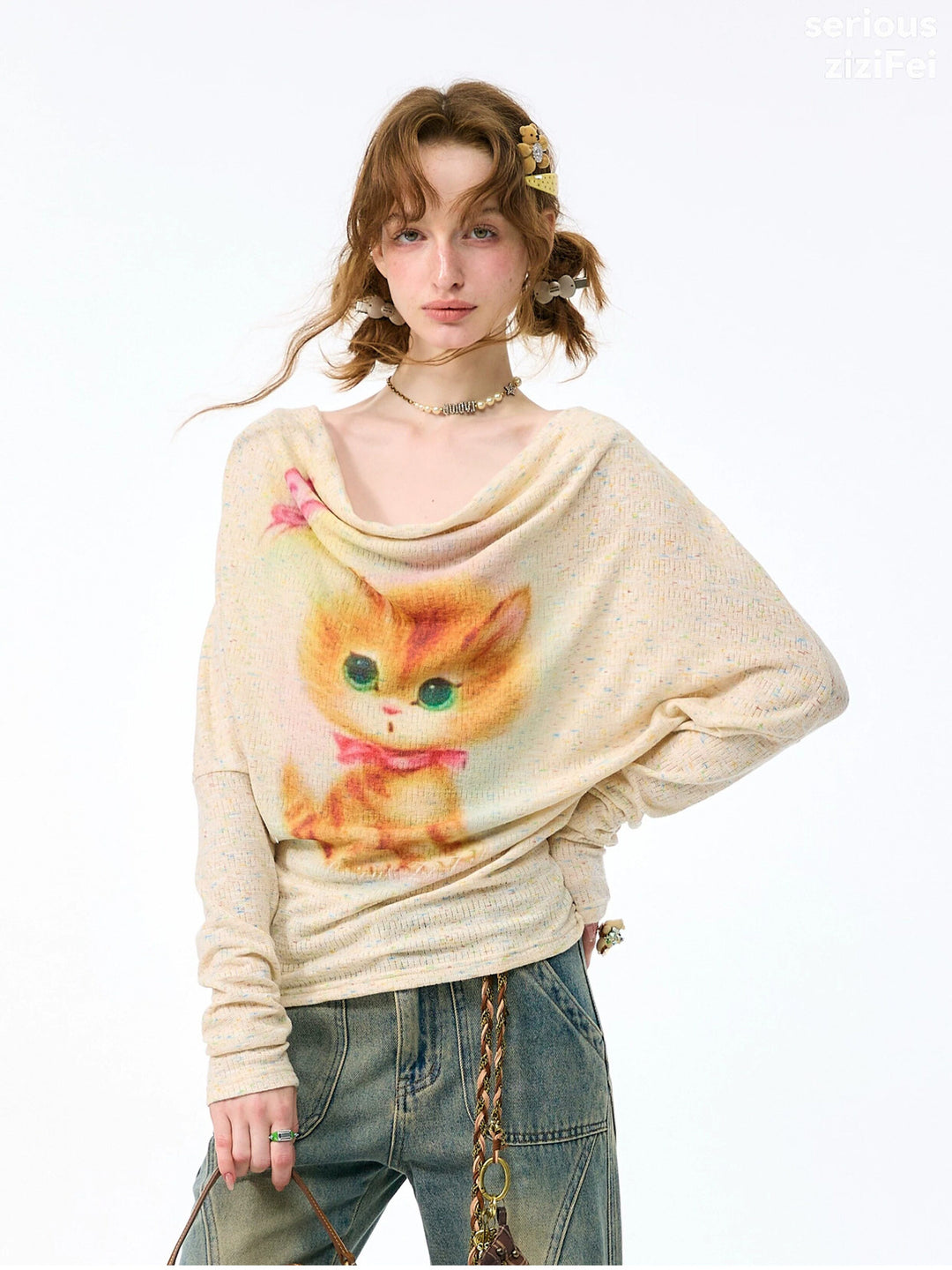 Cat Graphic Cowl Neck Knit Top